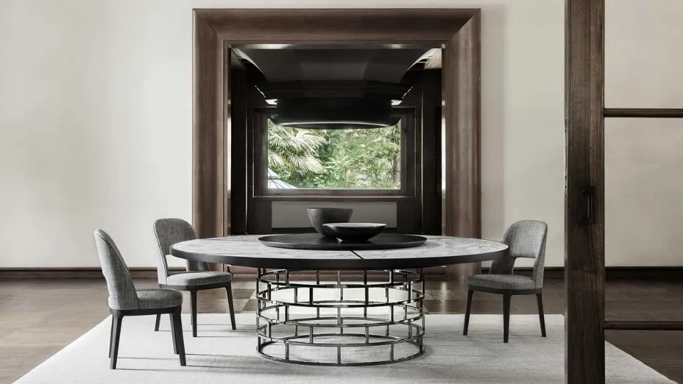 Tavolo rotondo con piano in legno massello con inserto in marmo e base in metallo Crown di Flexform