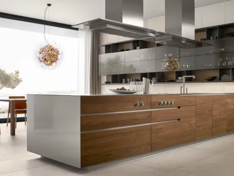 Cucina Design lineare Phoenix 02 in massello noce canaletto e top in acciaio di Poliform