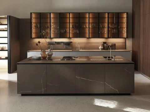 Cucina Design lineare Artex 03 in olmo nero a doghe e top in pietra di Poliform