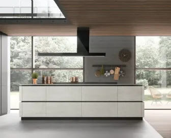 Cucina Moderna con isola Metropolis v10 in materico Cemento Bianco e Pet Grau di Stosa